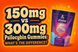 Landscape thumbnail with a warm orange gradient background and minimal text - just the title - 150mg vs 300mg Psilocybin Gummies: What’s the Difference?