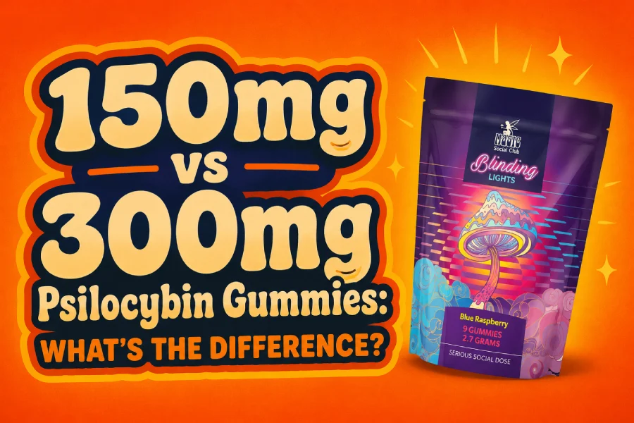 Landscape thumbnail with a warm orange gradient background and minimal text - just the title - 150mg vs 300mg Psilocybin Gummies: What’s the Difference?